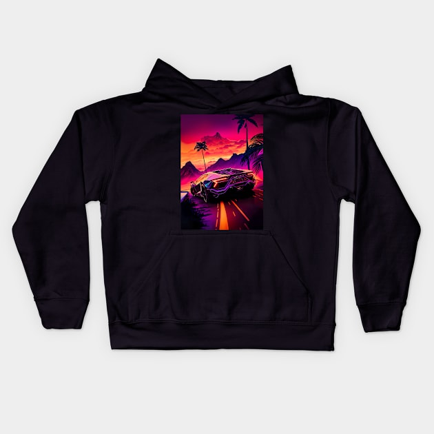 Synthwave aesthetic sport car with palms Kids Hoodie by Synthwave1950